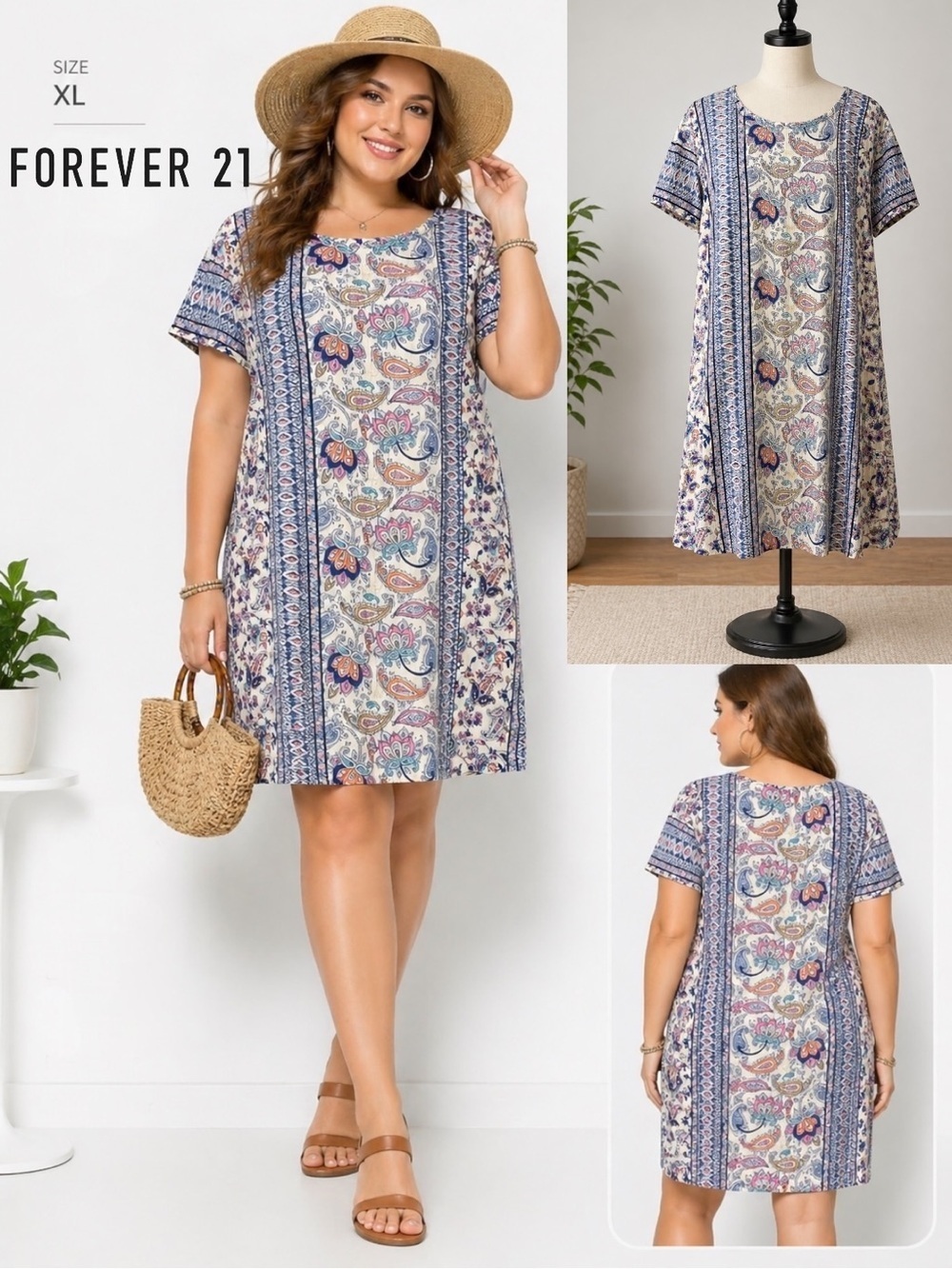 Forever 21 | NWOT Boho 95% Cotton Blue Cream Paisley Patchwork Shift Dress (XL)